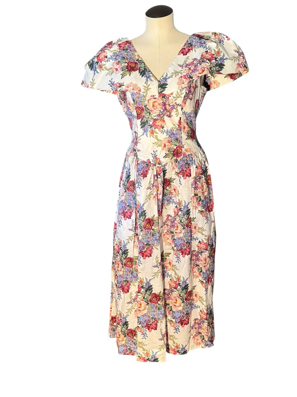 Vintage 80s Floral Cotton Dress Size 10 XS/S Made In USA ILGWU Cottagecore Midi